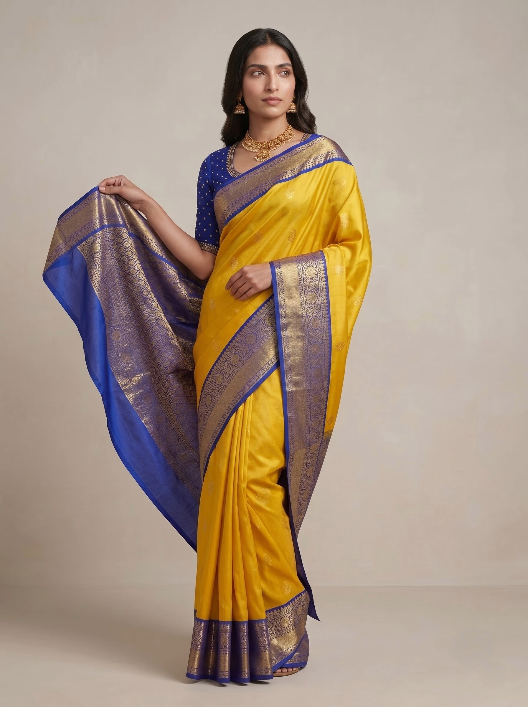 Yellow Kanchipuram Silk Saree — Regal Blue Zari Weave for Weddings & Festive Occasions