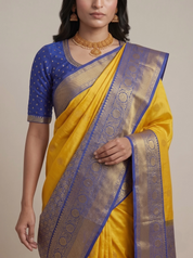 Yellow Kanchipuram Silk Saree — Regal Blue Zari Weave for Weddings & Festive Occasions