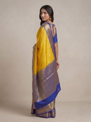 Yellow Kanchipuram Silk Saree — Regal Blue Zari Weave for Weddings & Festive Occasions