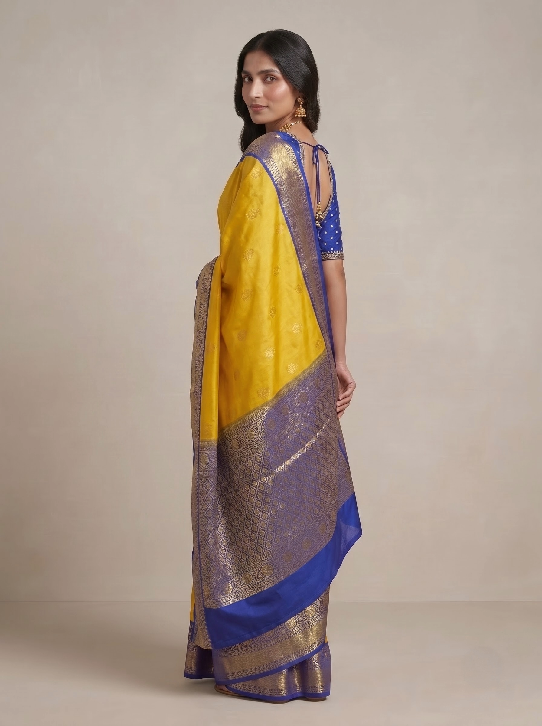 Yellow Kanchipuram Silk Saree — Regal Blue Zari Weave for Weddings & Festive Occasions