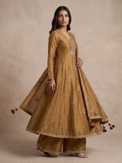 Golden Mustard Anarkali Set with Kundan Work Yoke & Floral Dupatta