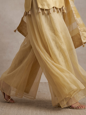 Golden Yellow Tissue Palazzo Suit with Embroidered Neckline and Zari Border Dupatta