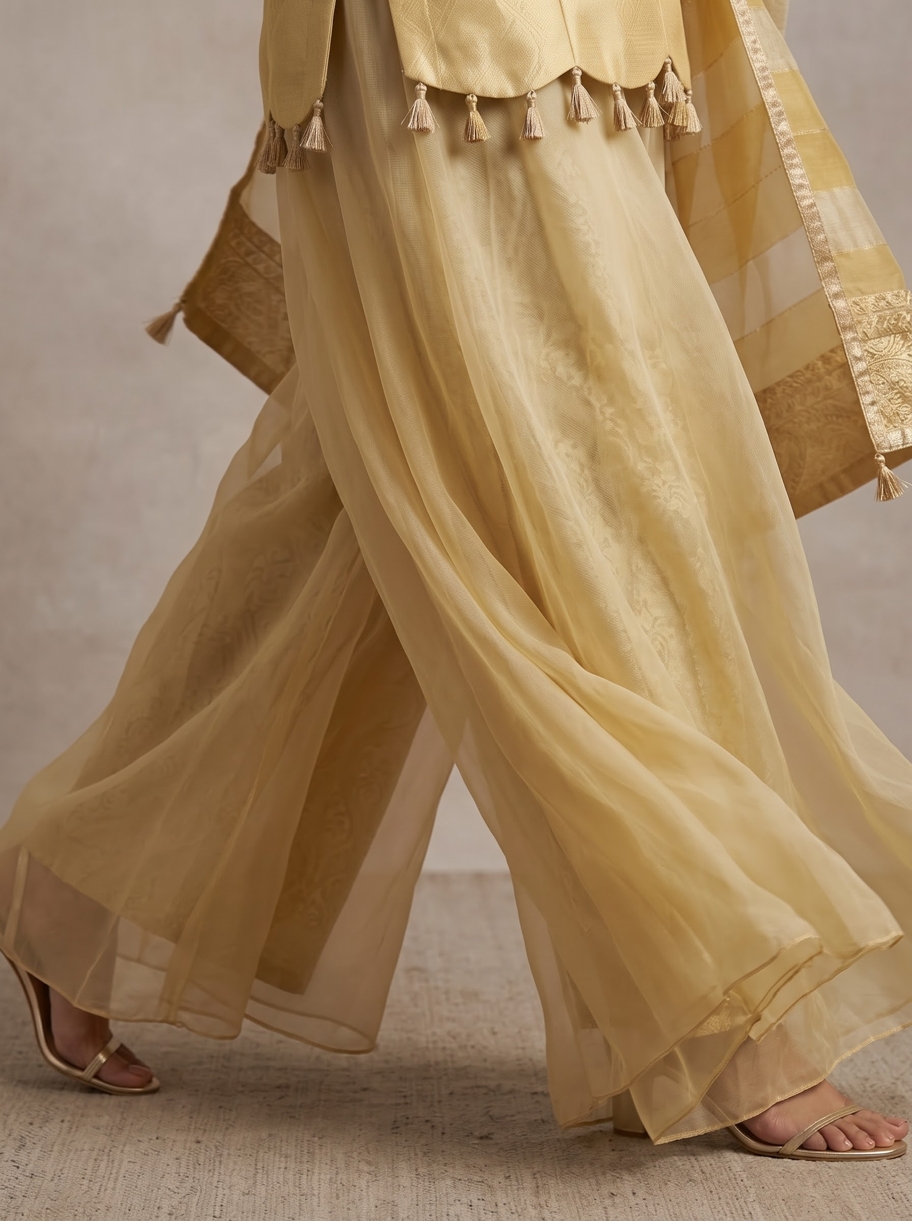 Golden Yellow Tissue Palazzo Suit with Embroidered Neckline and Zari Border Dupatta