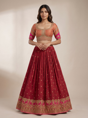 Maroon & Pink Ombre Festive Lehenga Choli in Georgette with Zari Embroidery