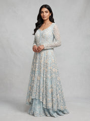 Powder Blue Embroidered Net Gown with Full Sleeves DIVA