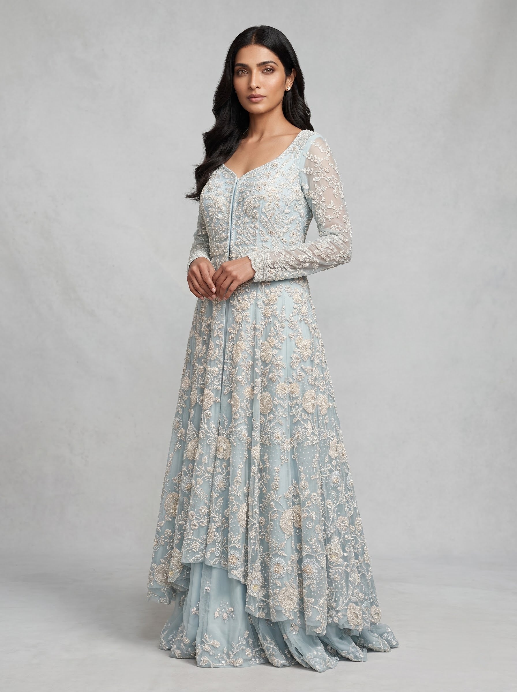 Powder Blue Embroidered Net Gown with Full Sleeves DIVA