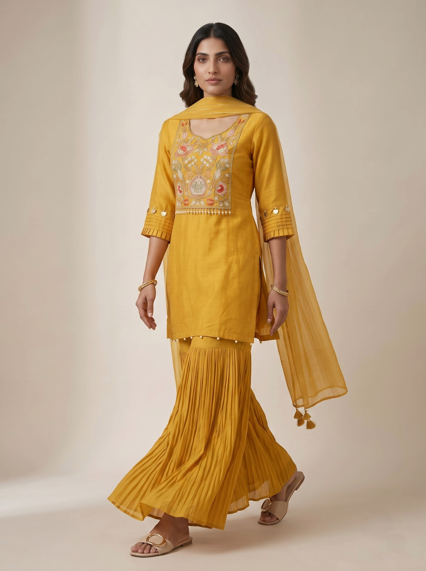 Mustard Yellow Raw Silk Straight Cut Kurta with Floral Embroidered Yoke and Sharara Palazzo Set