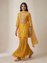 Mustard Yellow Raw Silk Straight Cut Kurta with Floral Embroidered Yoke and Sharara Palazzo Set