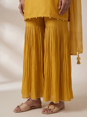 Mustard Yellow Raw Silk Straight Cut Kurta with Floral Embroidered Yoke and Sharara Palazzo Set