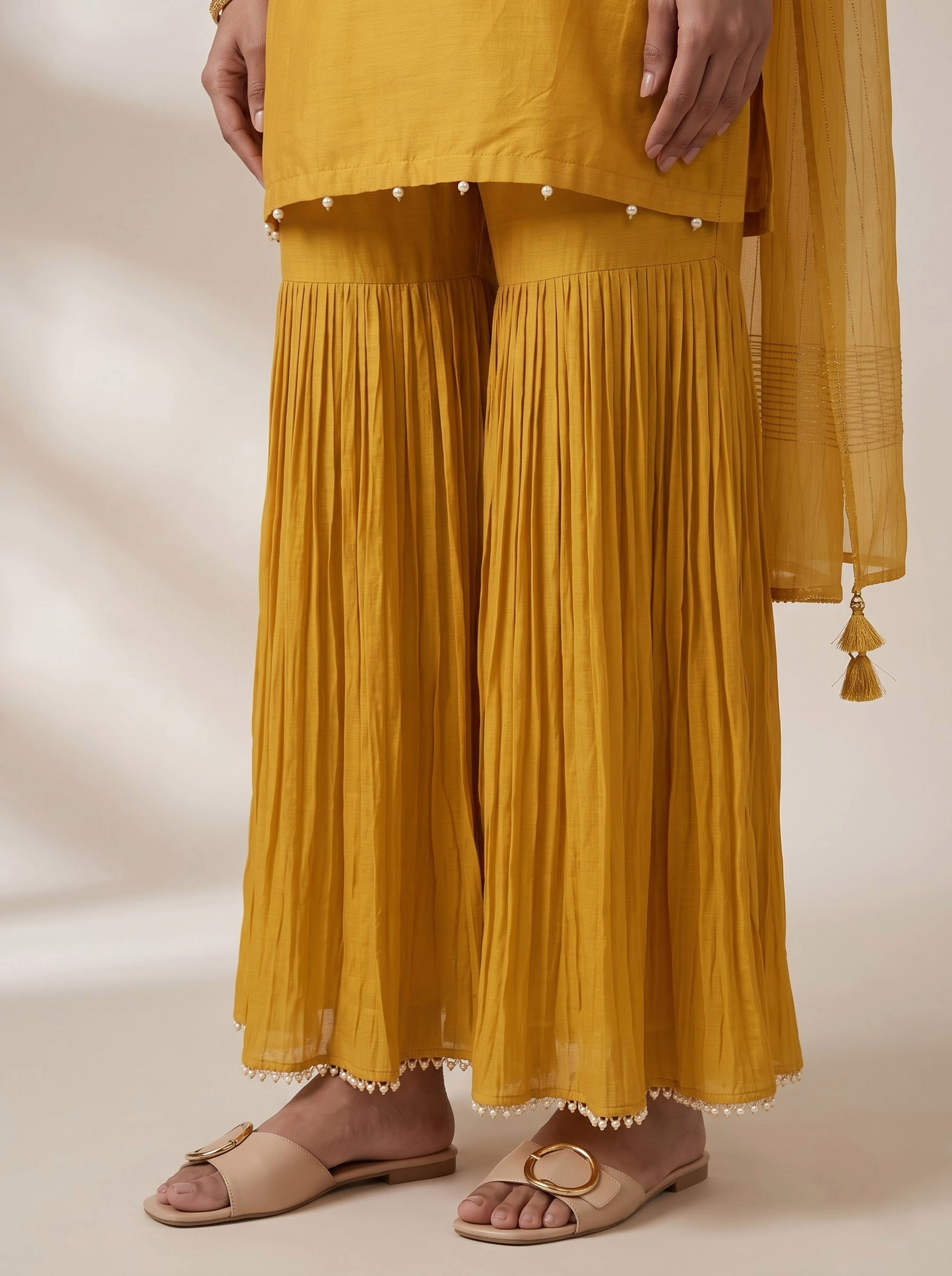 Mustard Yellow Raw Silk Straight Cut Kurta with Floral Embroidered Yoke and Sharara Palazzo Set