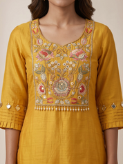 Mustard Yellow Raw Silk Straight Cut Kurta with Floral Embroidered Yoke and Sharara Palazzo Set