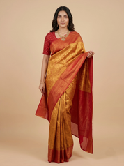 Mustard Gold Kanchipuram Silk Saree with Red Zari Border