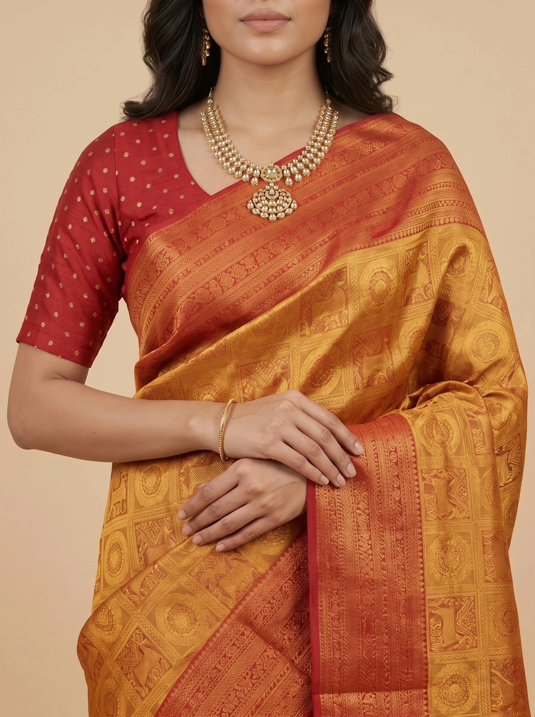 Mustard Gold Kanchipuram Silk Saree with Red Zari Border
