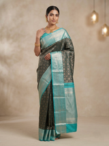 Charcoal Kanchipuram Silk Saree with Teal Zari Border