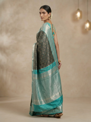 Charcoal Kanchipuram Silk Saree with Teal Zari Border