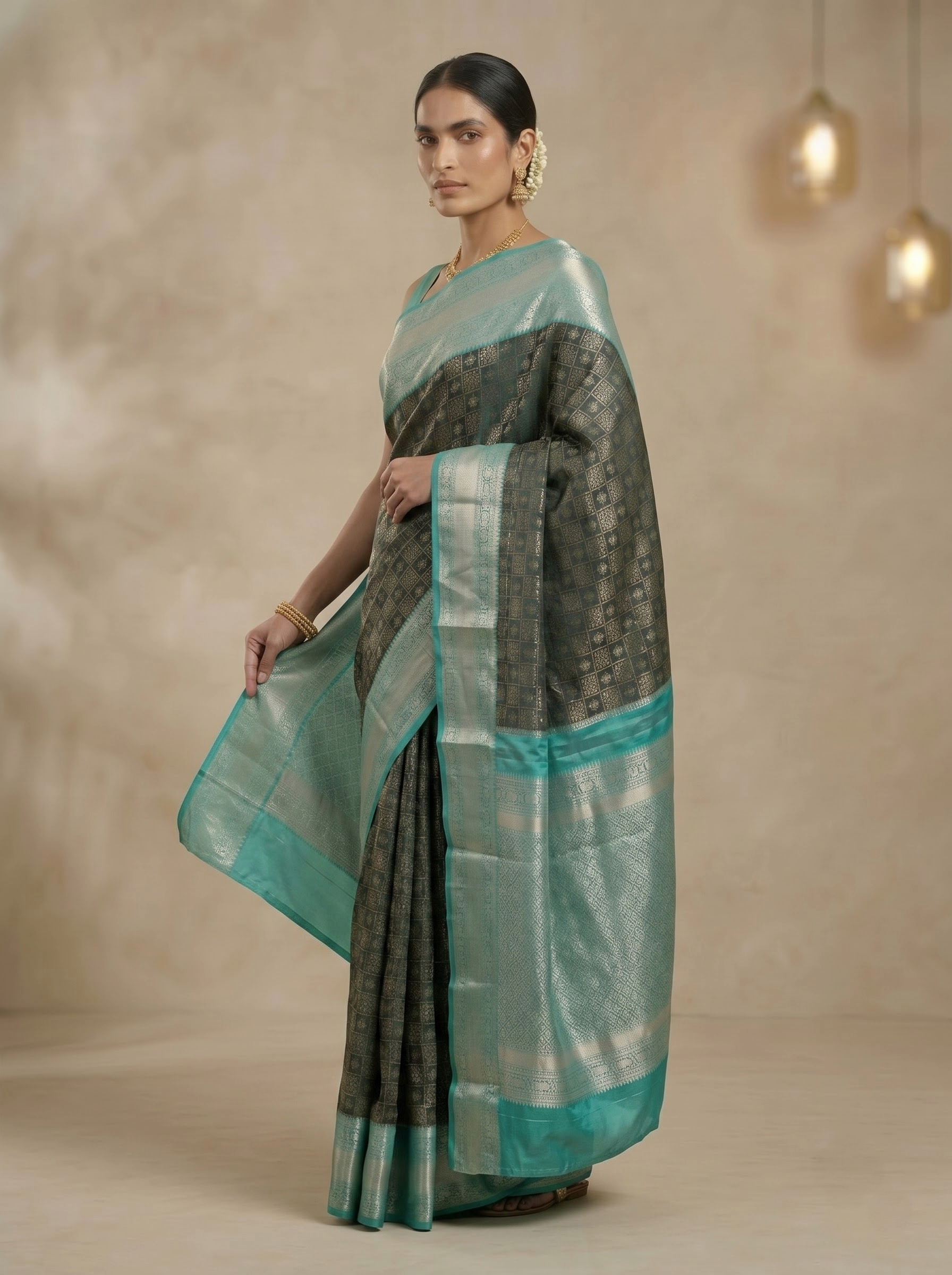 Charcoal Kanchipuram Silk Saree with Teal Zari Border