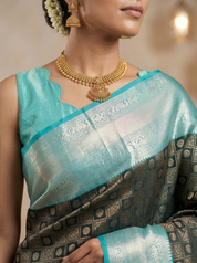 Charcoal Kanchipuram Silk Saree with Teal Zari Border
