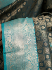 Charcoal Kanchipuram Silk Saree with Teal Zari Border