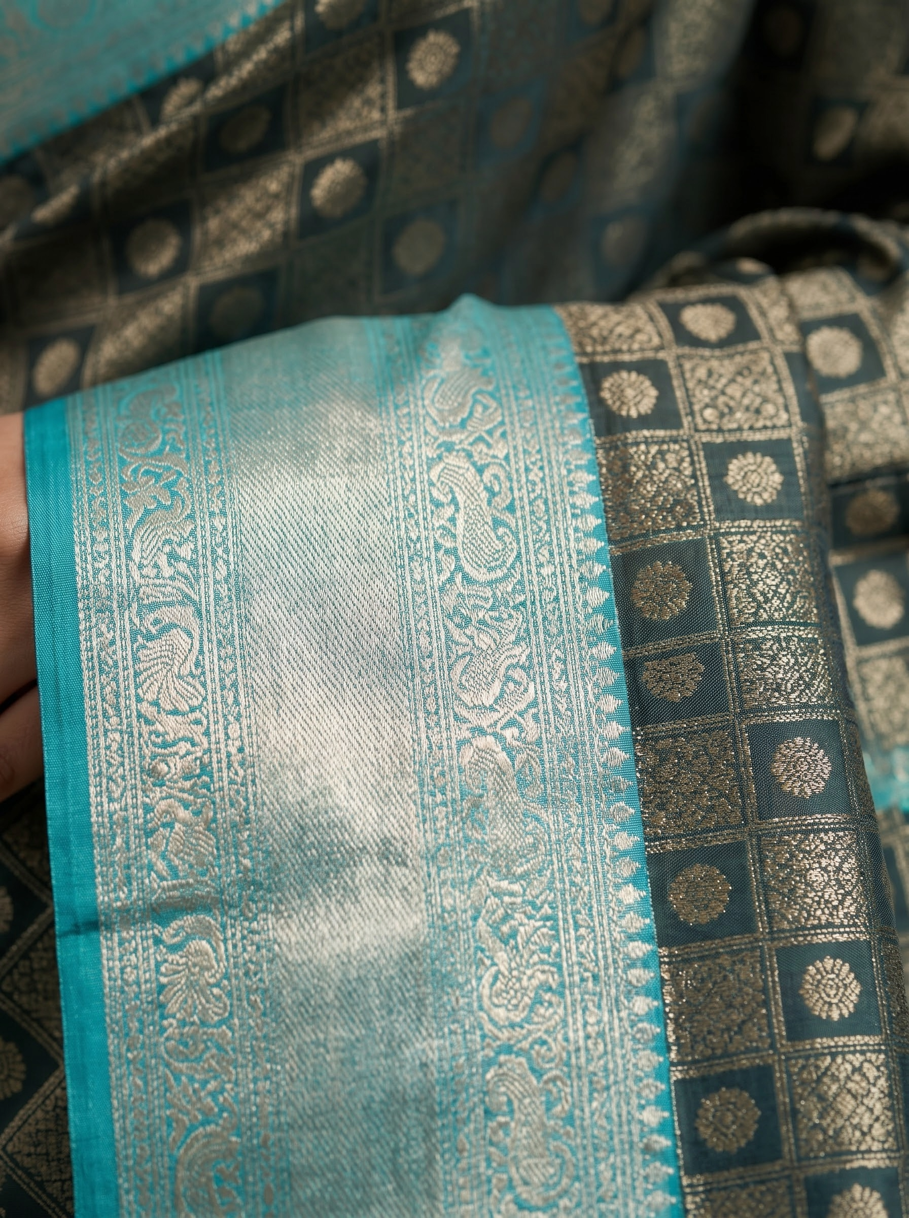 Charcoal Kanchipuram Silk Saree with Teal Zari Border