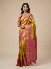 Kanchipuram Silk Saree in Mustard with Contrast Pink Pallu