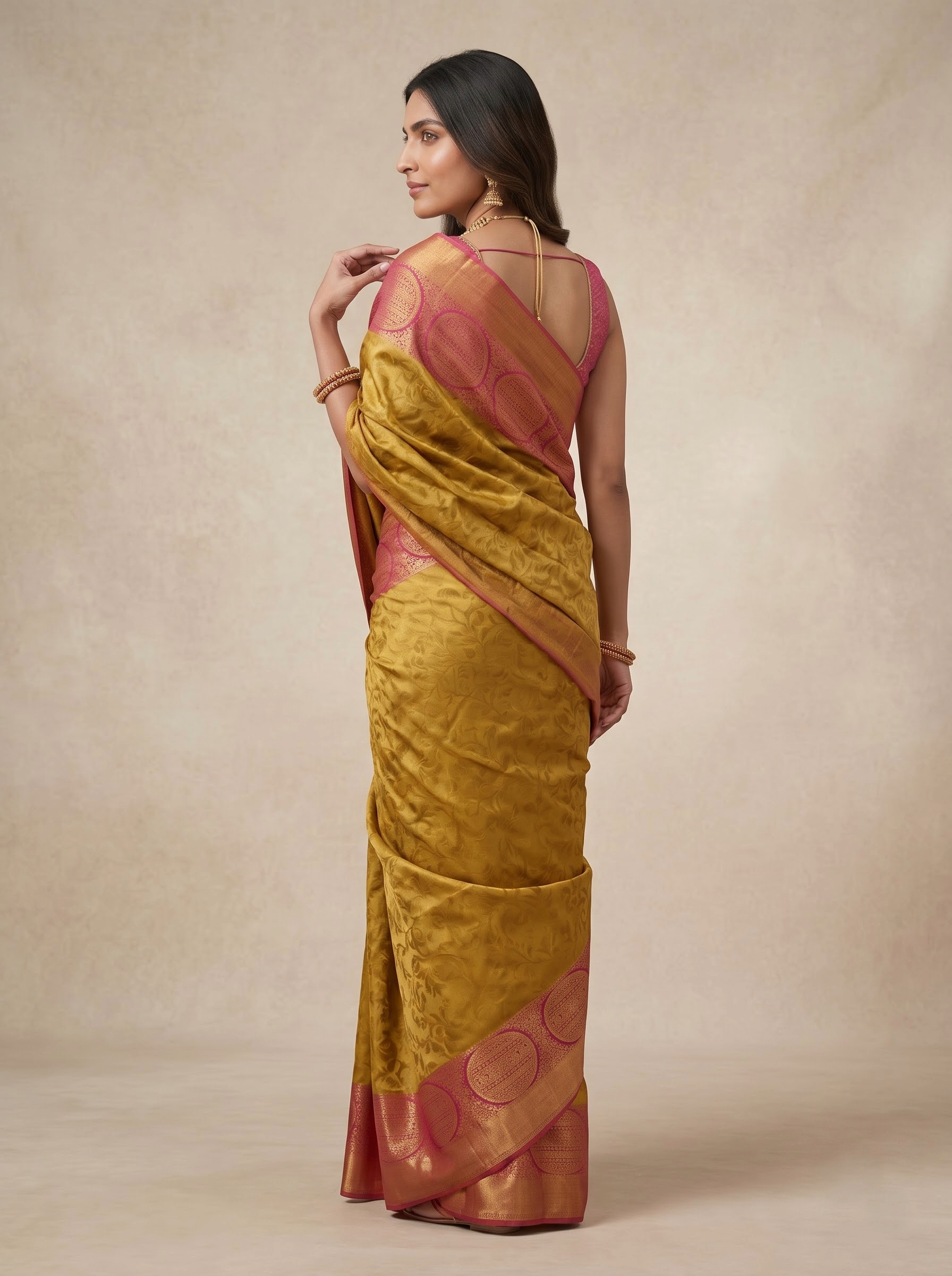 Kanchipuram Silk Saree in Mustard with Contrast Pink Pallu