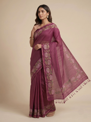 Tussar Silk Checkered Saree in Magenta Wine with Zari Border