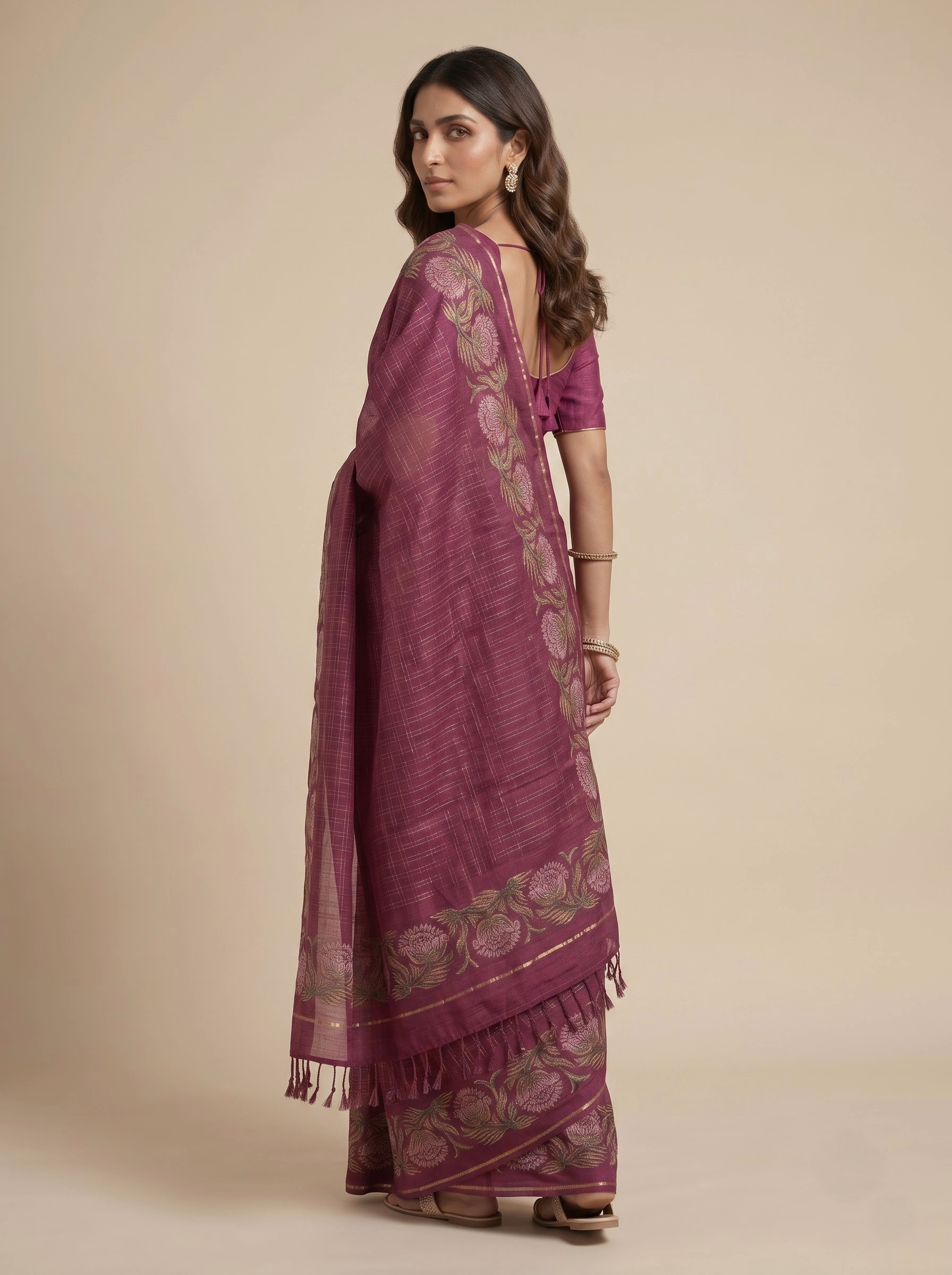 Tussar Silk Checkered Saree in Magenta Wine with Zari Border