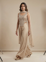 Beige Mirror Work Silk Satin Crop Top & Palazzo Set with Dupatta