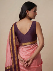 Pink Kanchipuram Silk Saree with Contrast Maroon Pallu & Gold Zari Border