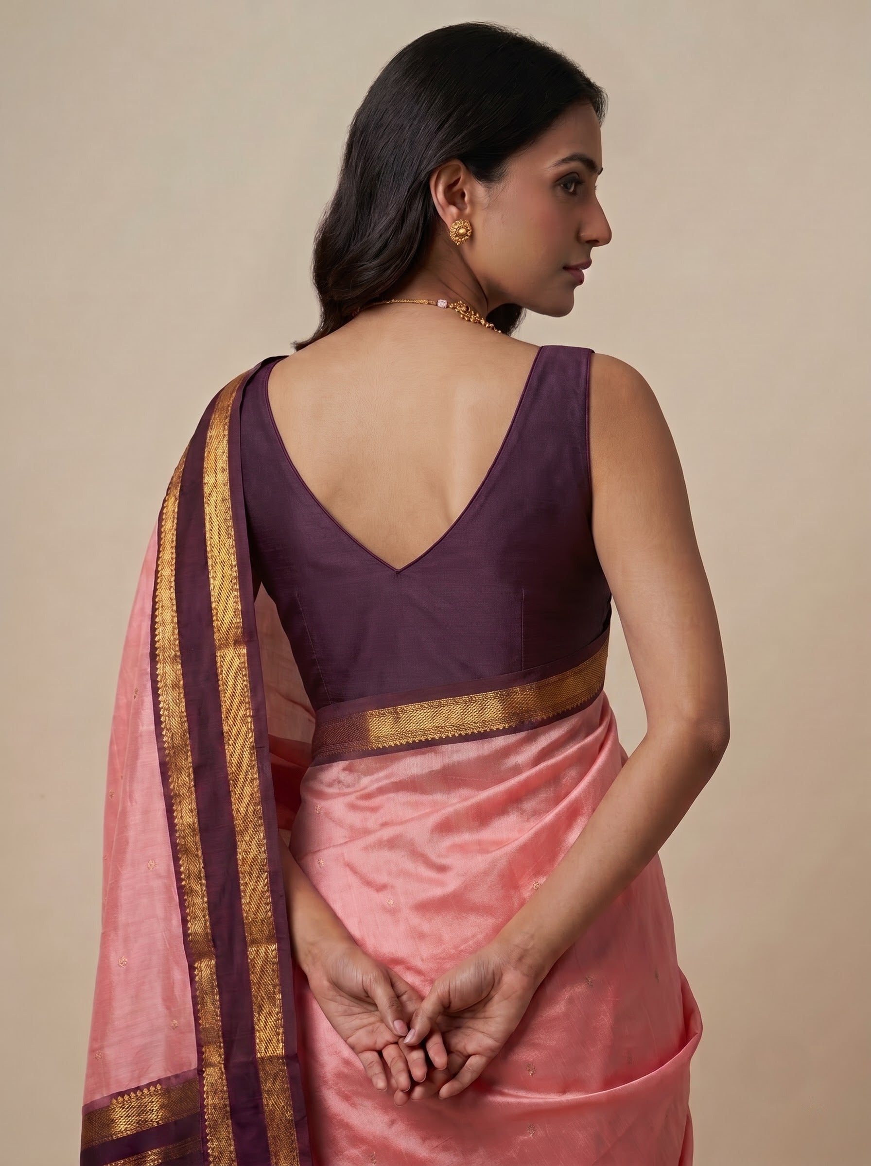 Pink Kanchipuram Silk Saree with Contrast Maroon Pallu & Gold Zari Border