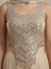 Beige Mirror Work Silk Satin Crop Top & Palazzo Set with Dupatta