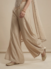 Beige Mirror Work Silk Satin Crop Top & Palazzo Set with Dupatta