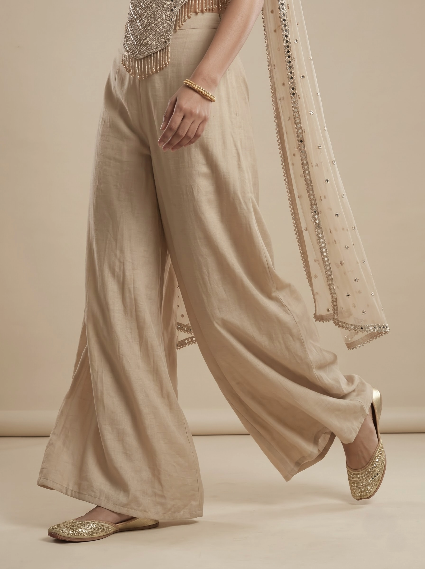 Beige Mirror Work Silk Satin Crop Top & Palazzo Set with Dupatta