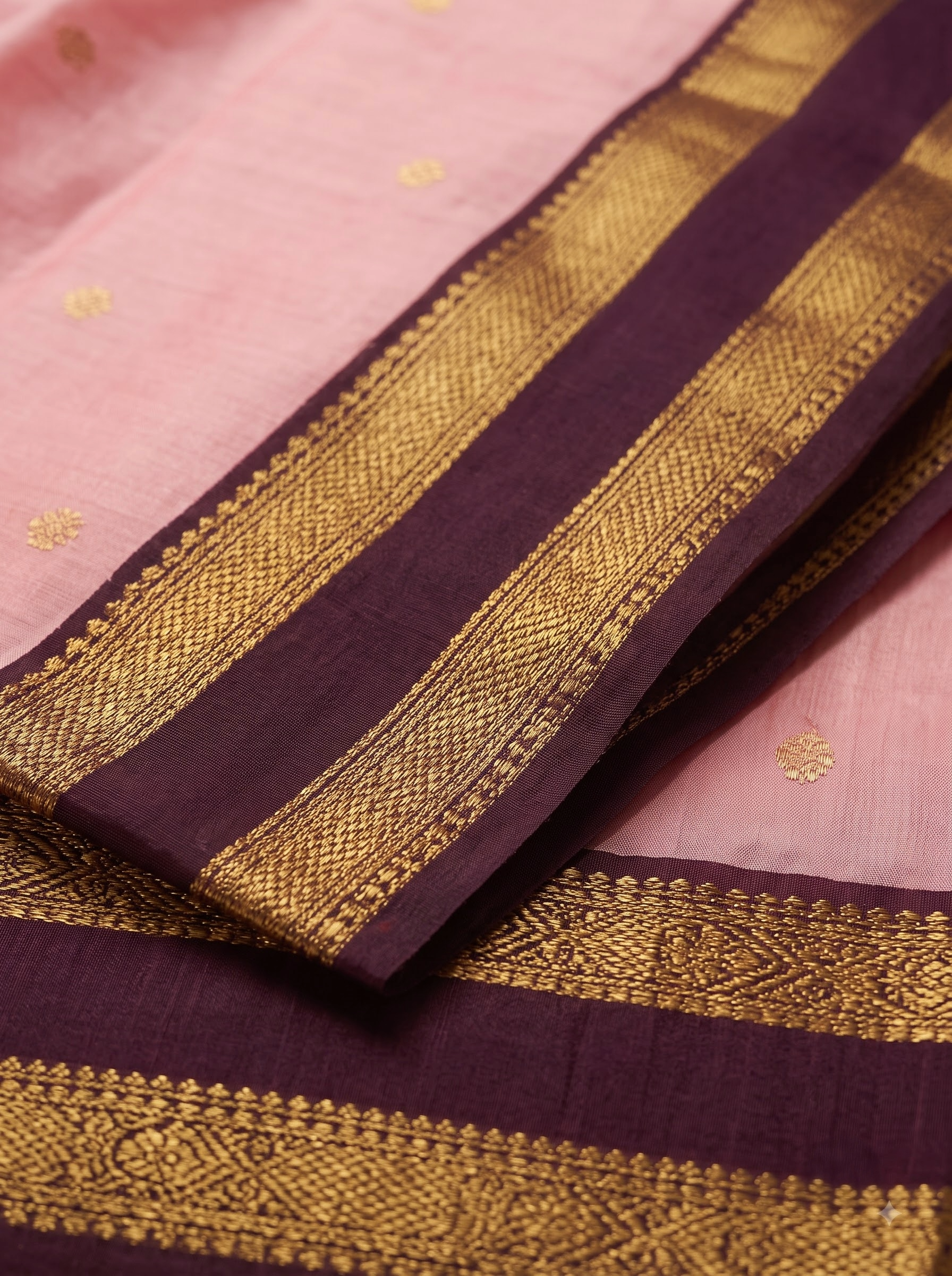 Pink Kanchipuram Silk Saree with Contrast Maroon Pallu & Gold Zari Border