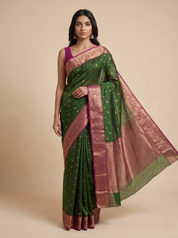 Bottle Green Kanjeevaram Silk Saree with Contrast Pink Zari Pallu