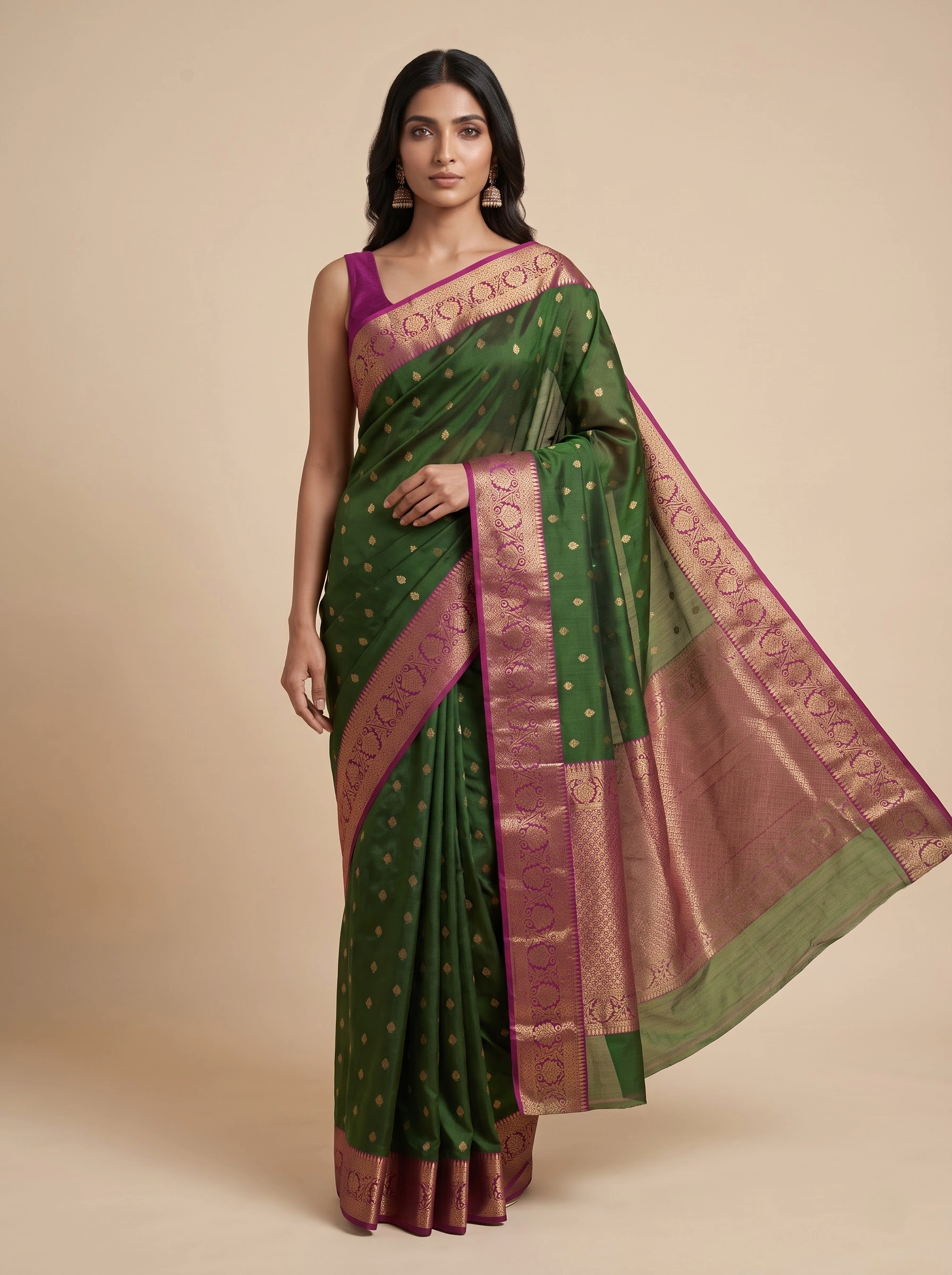 Bottle Green Kanjeevaram Silk Saree with Contrast Pink Zari Pallu