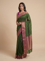 Bottle Green Kanjeevaram Silk Saree with Contrast Pink Zari Pallu