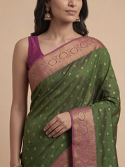 Bottle Green Kanjeevaram Silk Saree with Contrast Pink Zari Pallu