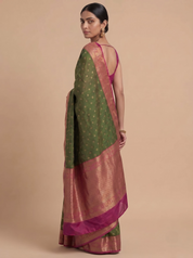 Bottle Green Kanjeevaram Silk Saree with Contrast Pink Zari Pallu