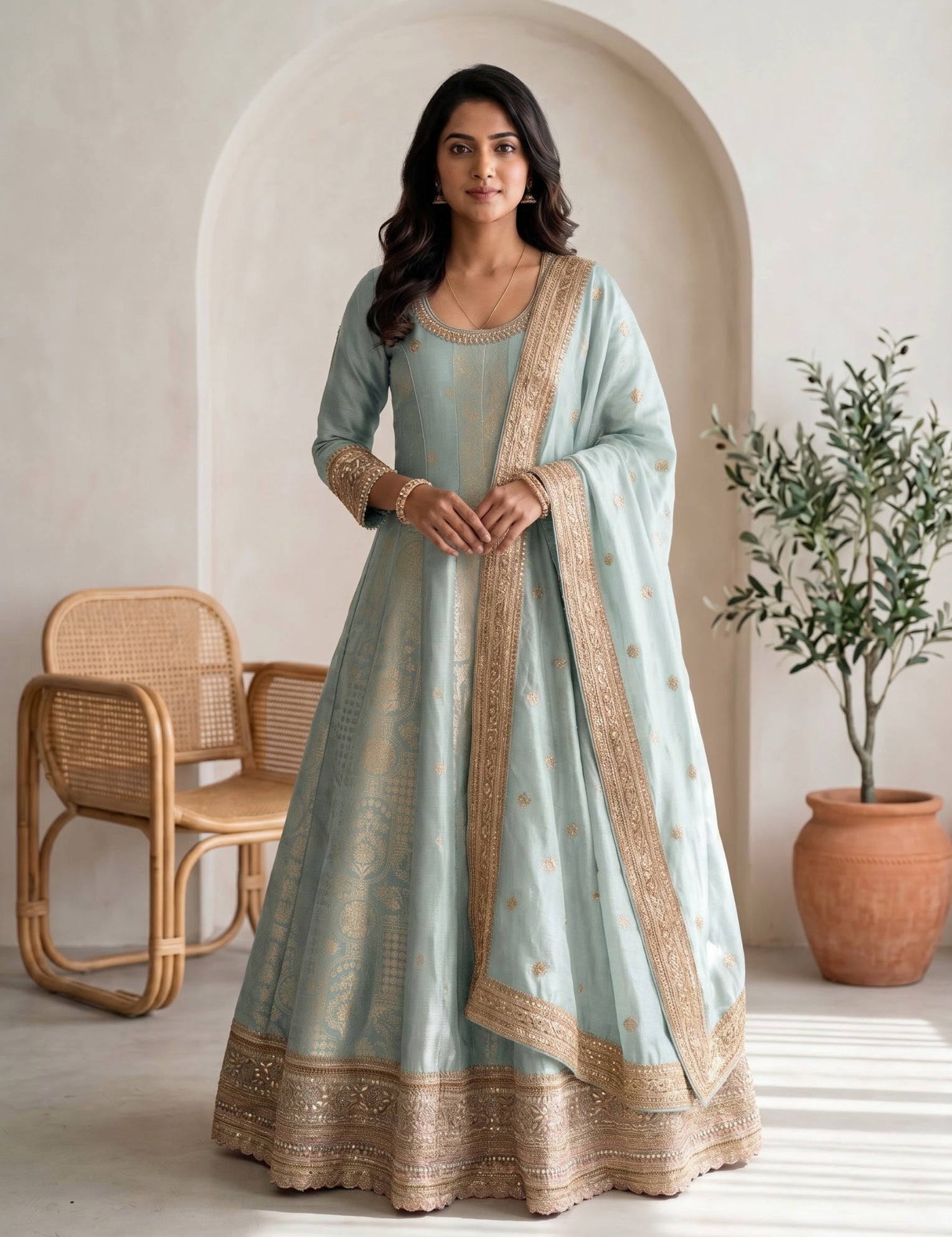 Raw Silk Anarkali Set Blue Festive Wear