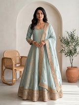 Raw Silk Anarkali Set Blue Festive Wear