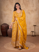 Tissue Anarkali Salwar Suit in Mustard for Festive Wear