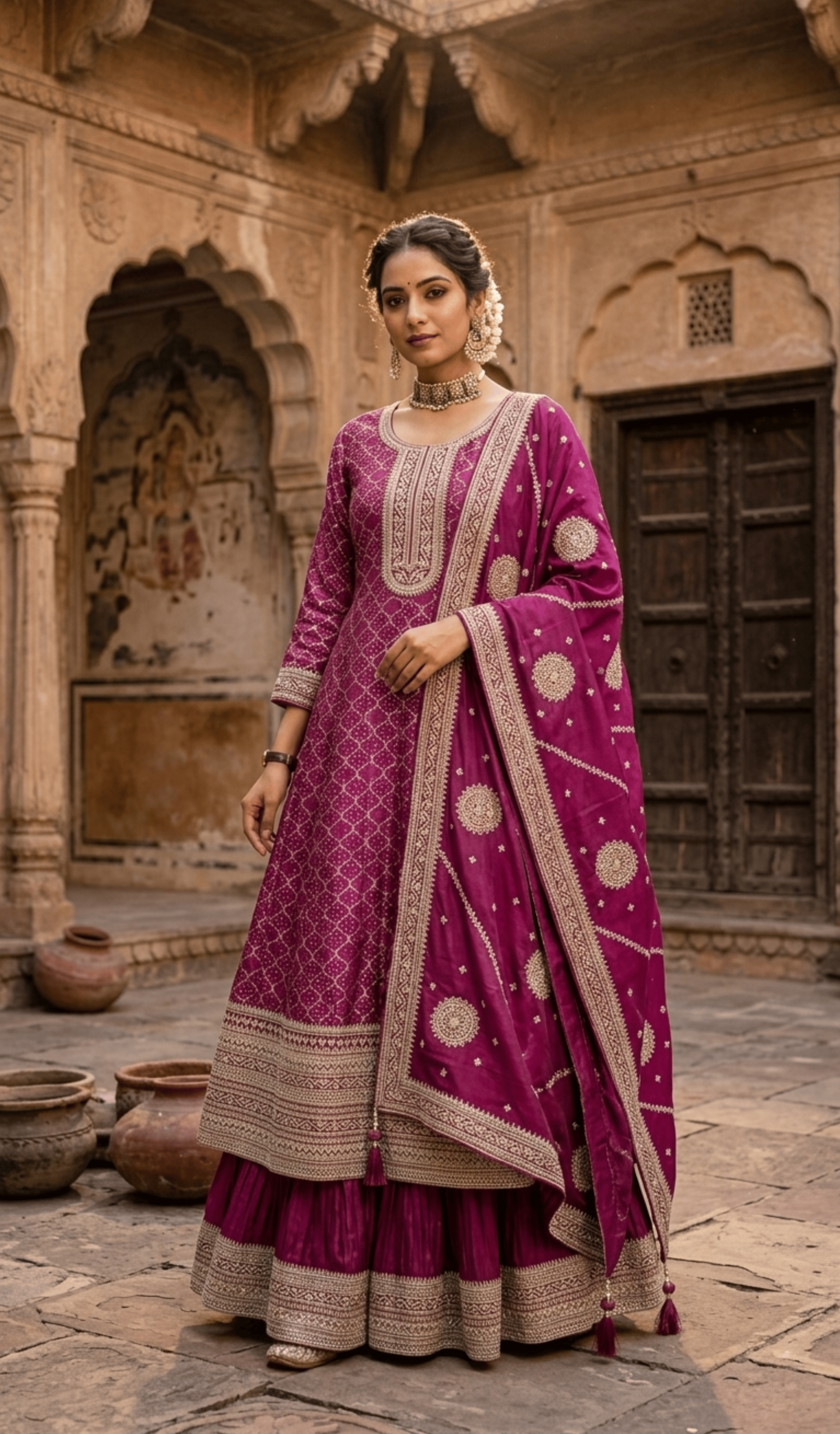 Wine Raw Silk Embroidered Anarkali Set | 3-Piece Kurta Sharara & Dupatta