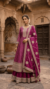 Wine Raw Silk Embroidered Anarkali Set | 3-Piece Kurta Sharara & Dupatta