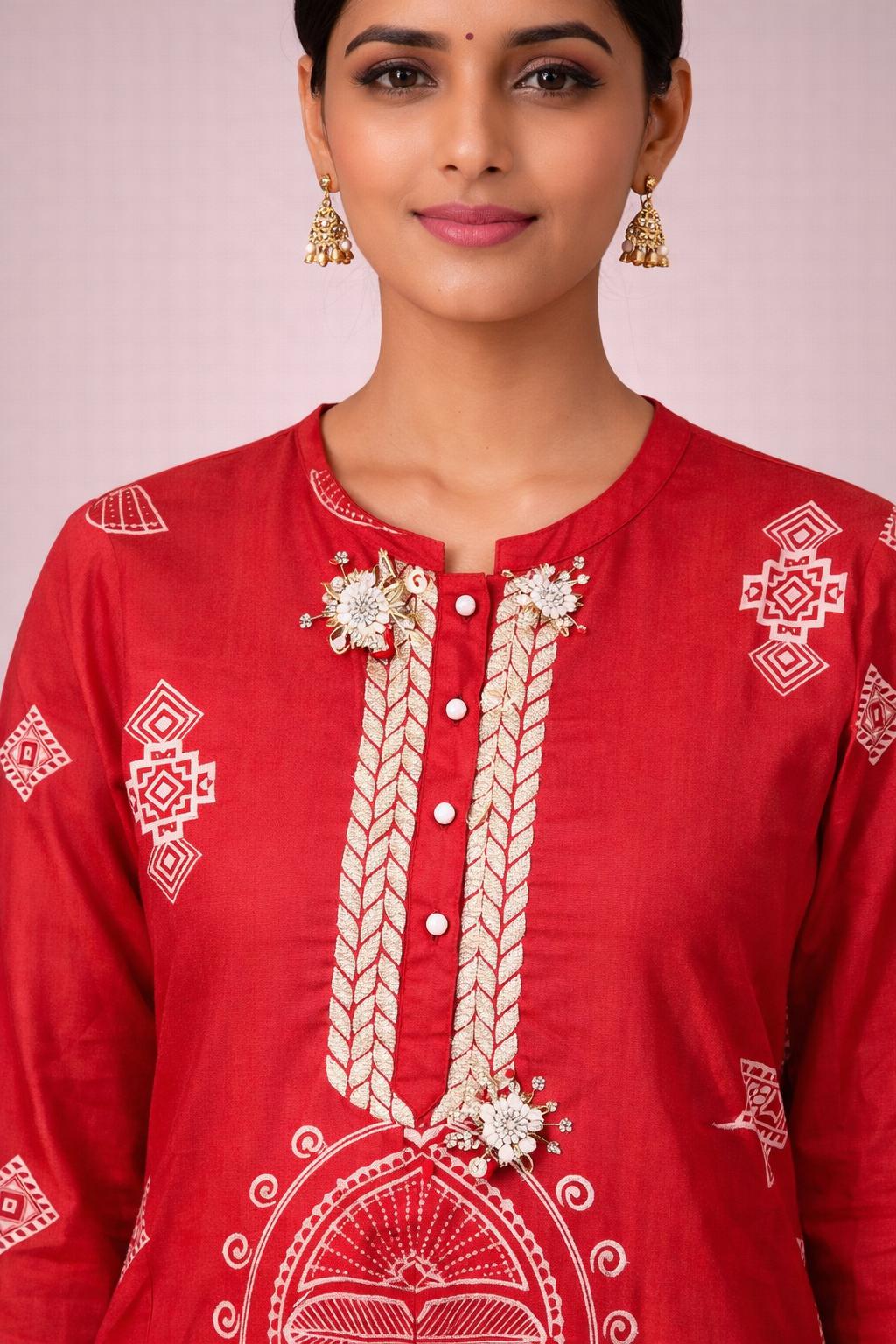 Red Cotton Salwar Suit with Embroidered Neckline – Ethnic Designer Wear | Diva