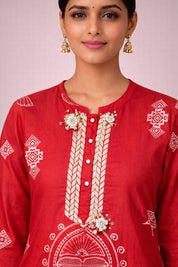 Red Cotton Salwar Suit with Embroidered Neckline – Ethnic Designer Wear | Diva