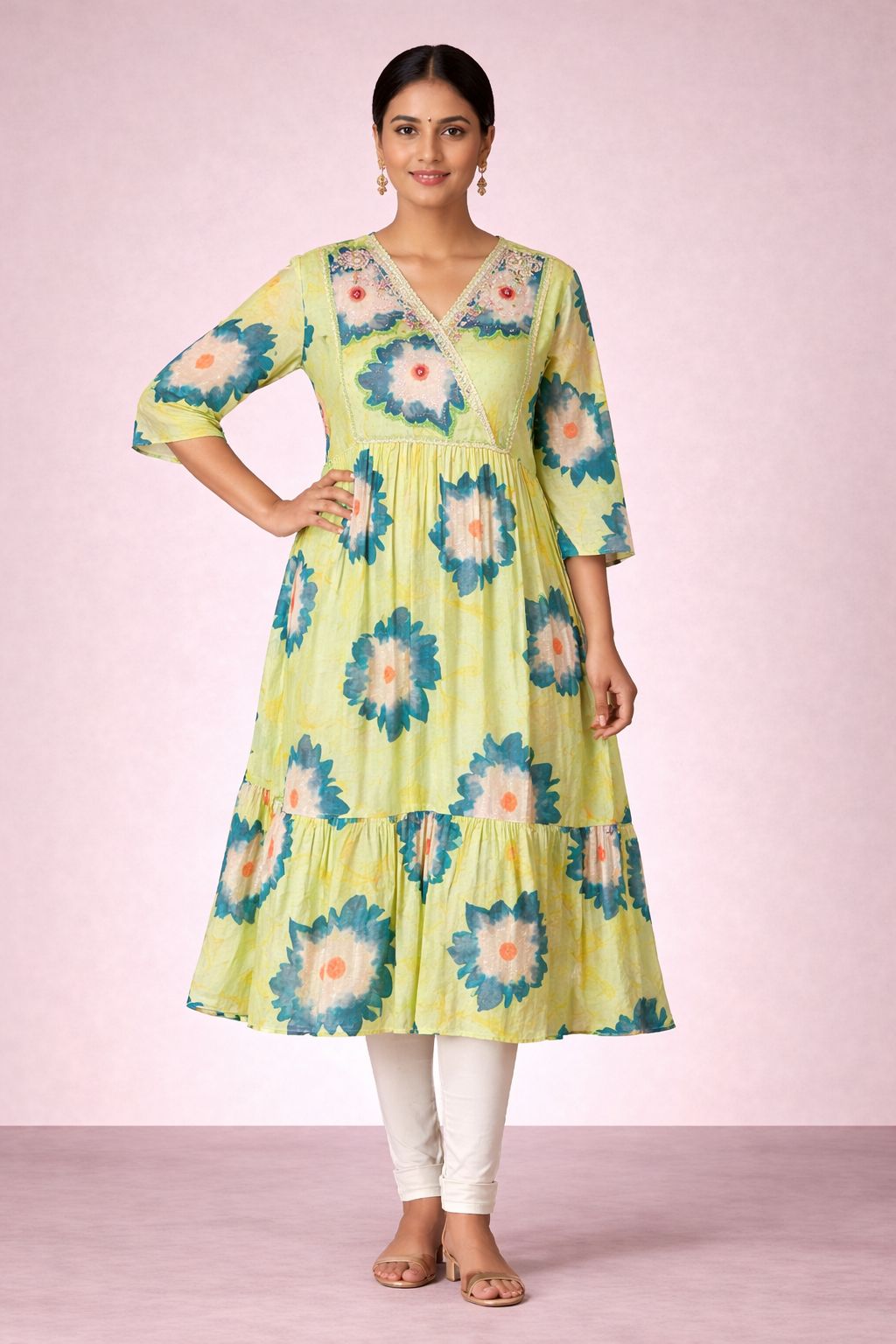 Lime Embroidered Cotton Salwar Suit – Satin V Neck Designer Set | Diva