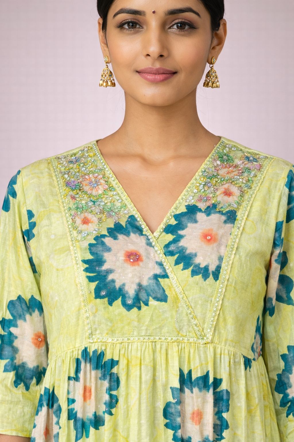 Lime Embroidered Cotton Salwar Suit – Satin V Neck Designer Set | Diva