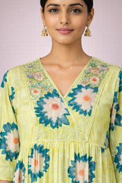 Lime Embroidered Cotton Salwar Suit – Satin V Neck Designer Set | Diva