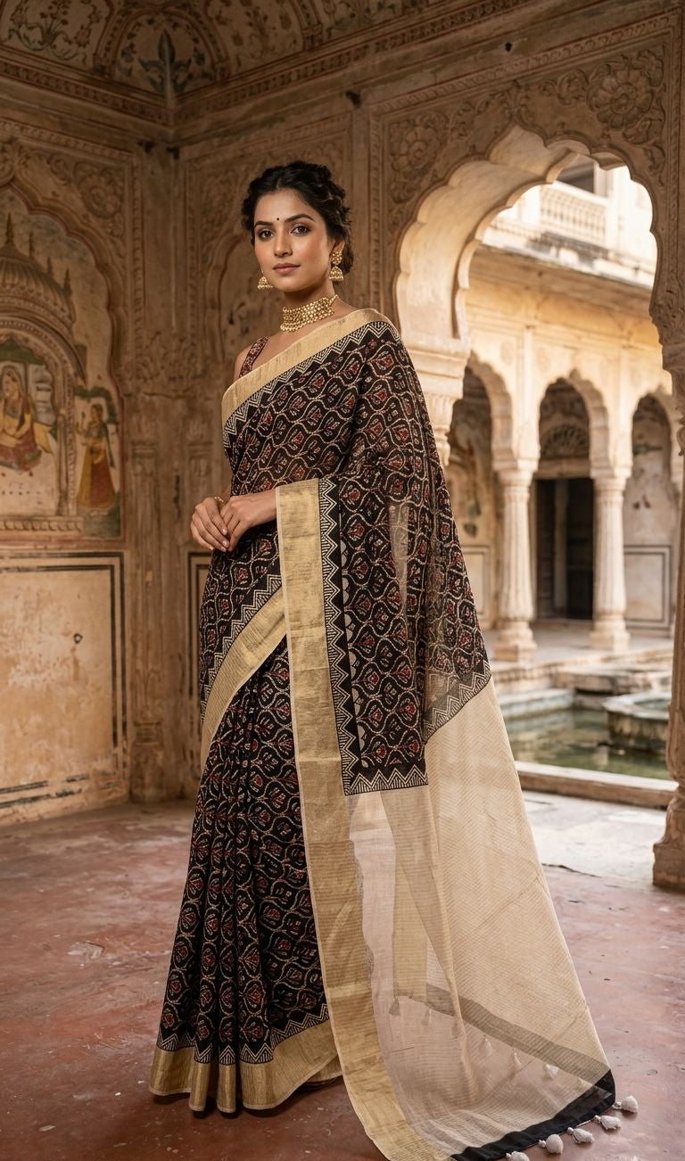 DIVA Black Chanderi Cotton Saree | Ajrakh Block Print with Gold Zari Pallu